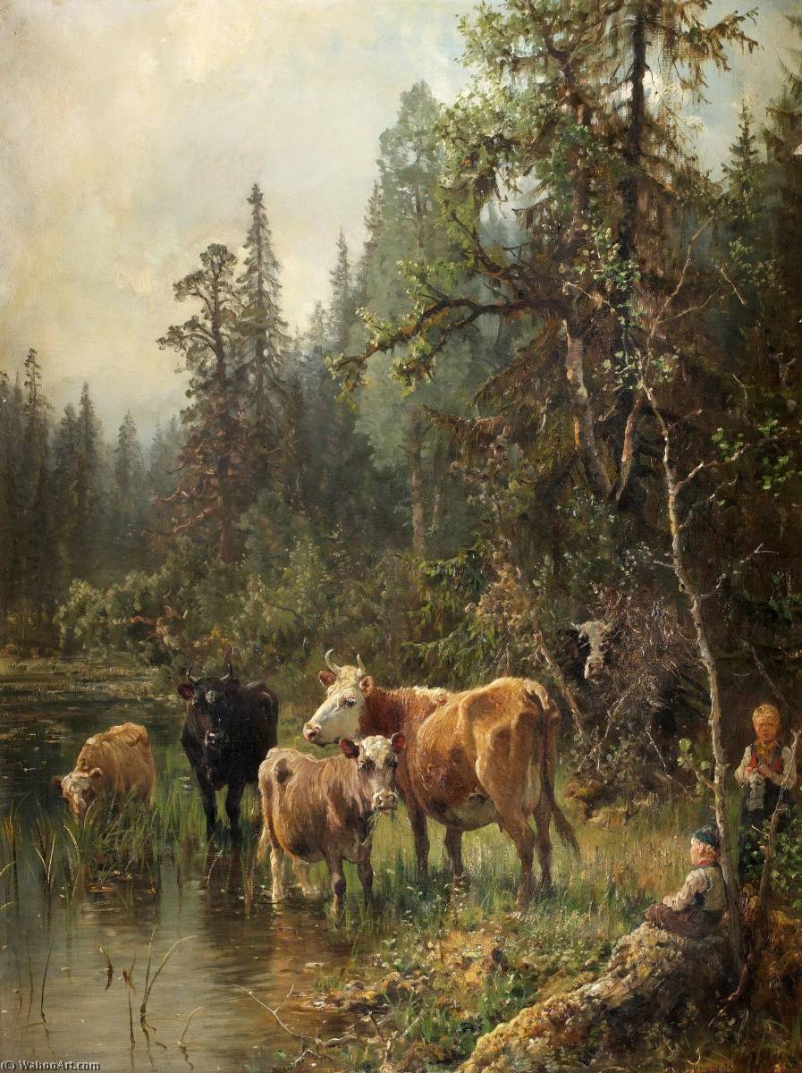 Wikioo.org - The Encyclopedia of Fine Arts - Painting, Artwork by Anders Monsen Askevold - Morning at the Edge of a Forest Lake