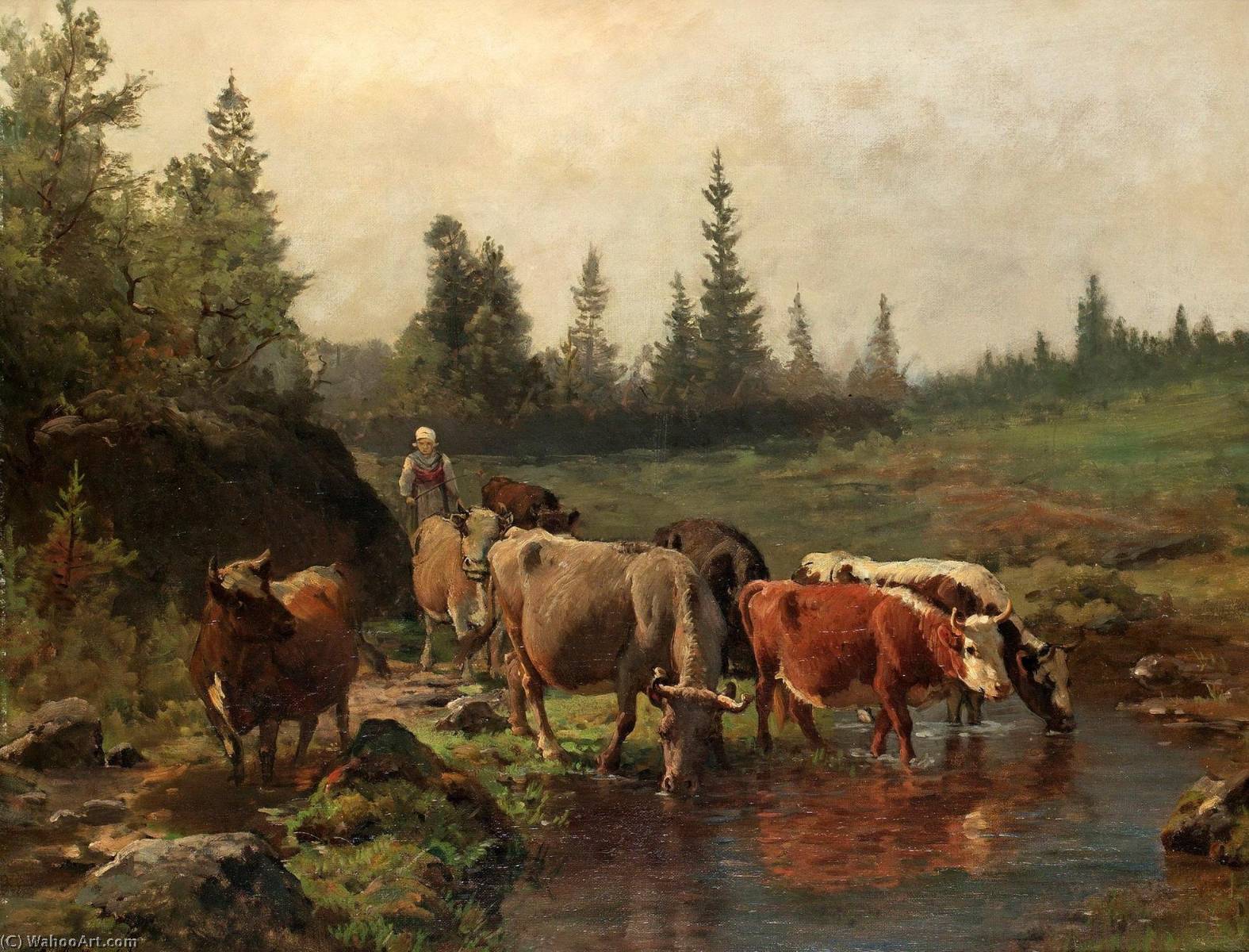 Wikioo.org - The Encyclopedia of Fine Arts - Painting, Artwork by Anders Monsen Askevold - Landscape with Cattle Watering