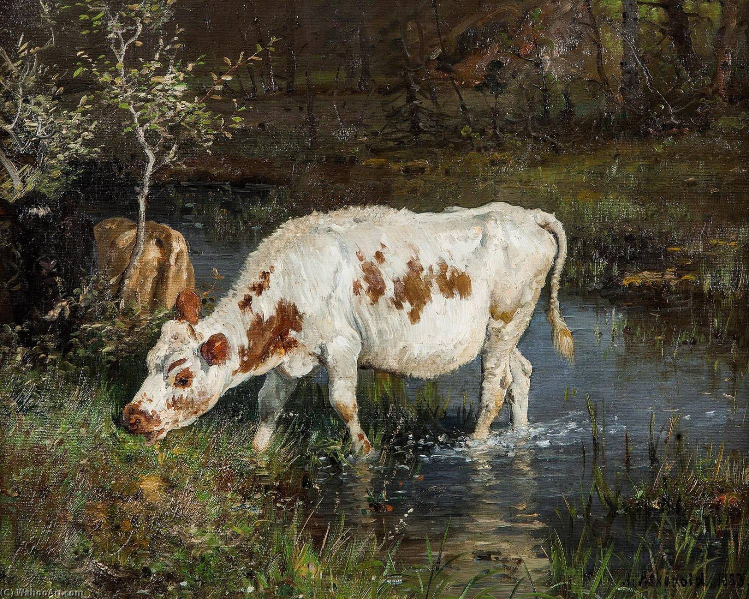Wikioo.org - The Encyclopedia of Fine Arts - Painting, Artwork by Anders Monsen Askevold - Grazing Cow at the Riverside