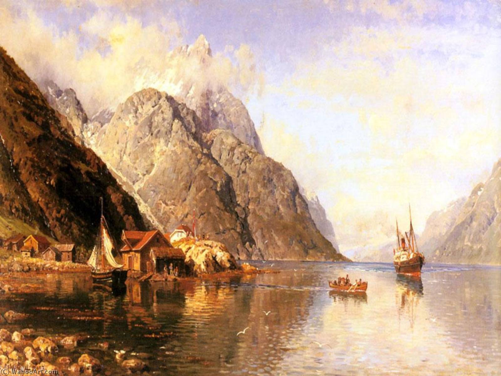 Wikioo.org – L'Encyclopédie des Beaux Arts - Peinture, Oeuvre de Anders Monsen Askevold - Convoyant Passagers à le bateau à vapeur 'Roeser'