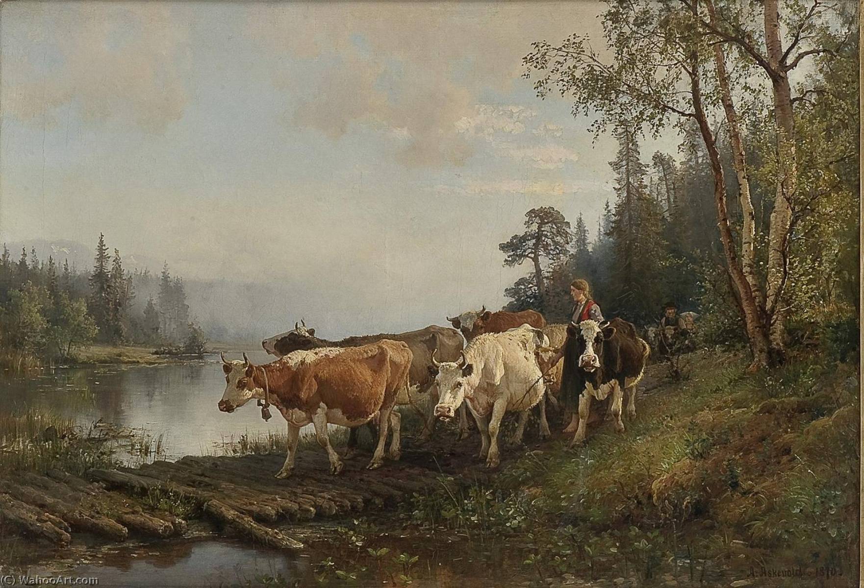 Wikioo.org - The Encyclopedia of Fine Arts - Painting, Artwork by Anders Monsen Askevold - Moving the Cattle