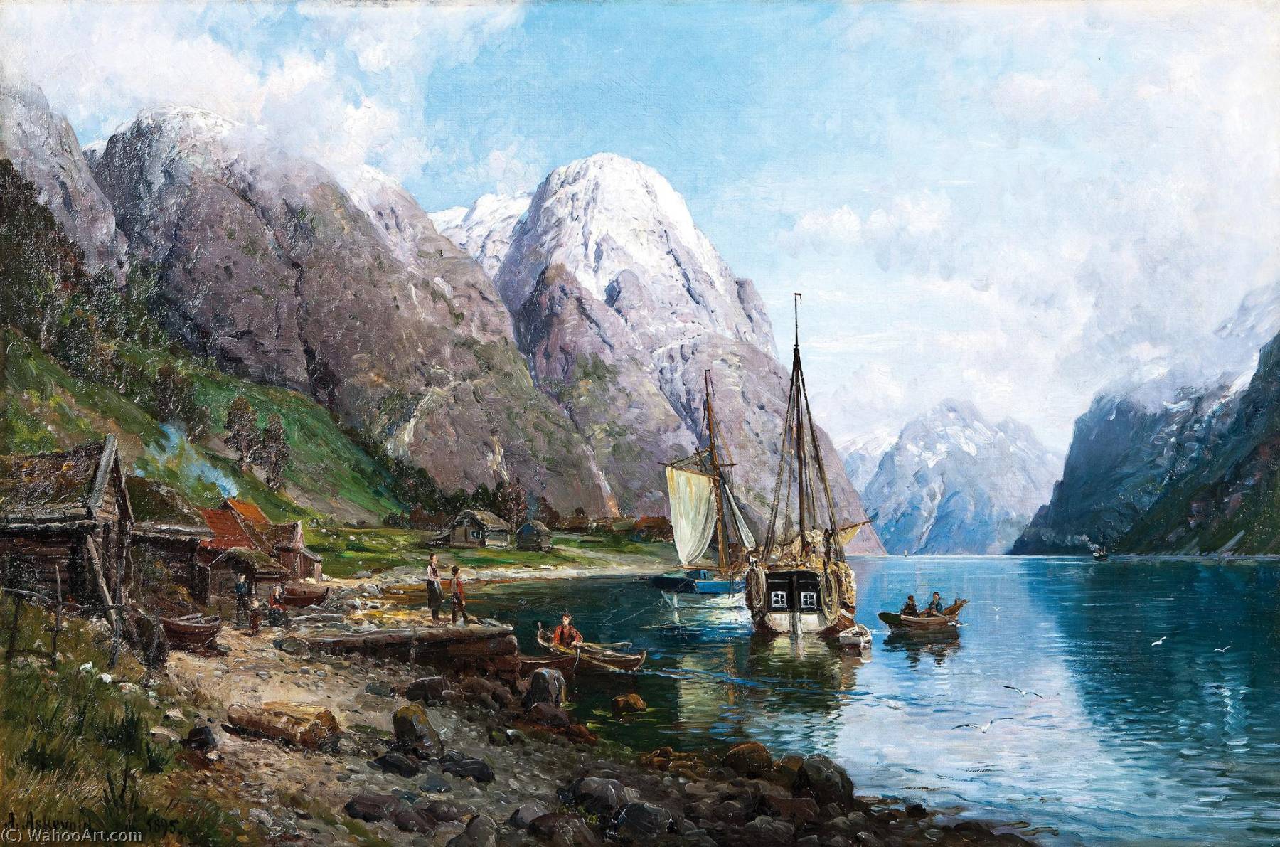 Wikioo.org - The Encyclopedia of Fine Arts - Painting, Artwork by Anders Monsen Askevold - Harbor in the Sognefjord (also known as From a Harbor in the Sognefjord)