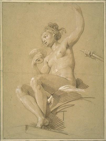 WikiOO.org - Enciclopedia of Fine Arts - Pictura, lucrări de artă Hugues Taraval - Naked Young Woman Holding a Cup, Sat on Drapery