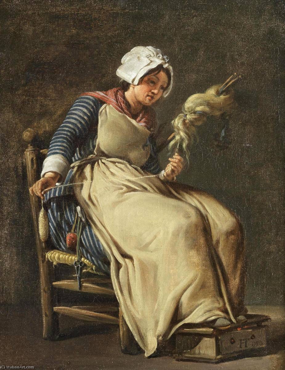 Wikioo.org - The Encyclopedia of Fine Arts - Painting, Artwork by Hugues Taraval - A Kitchen Maid Knitting