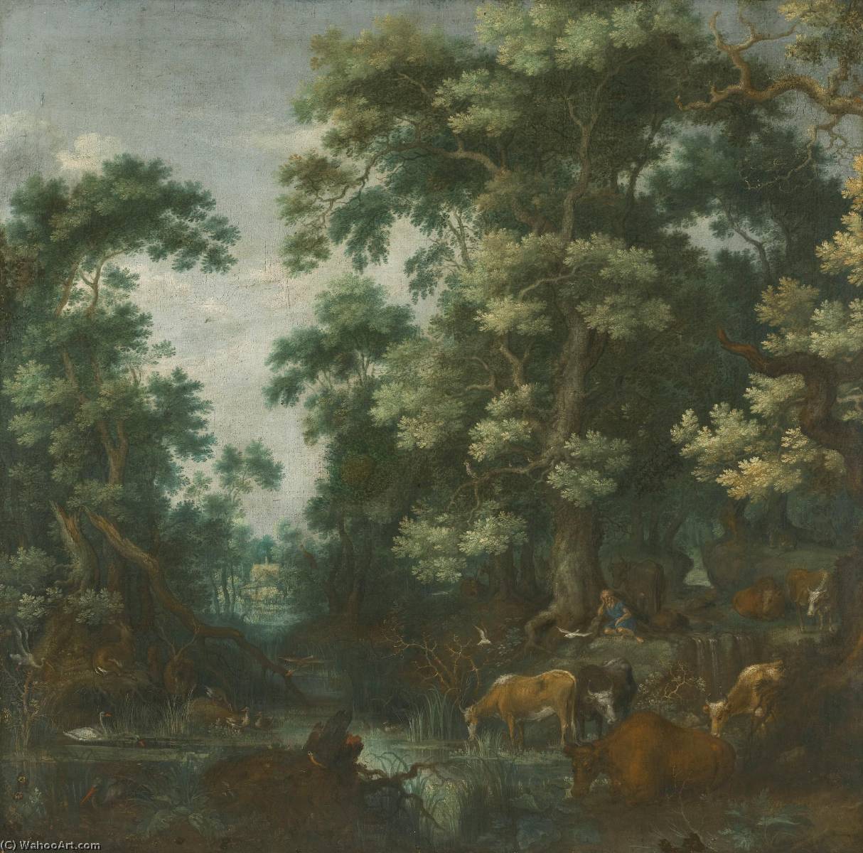 Wikioo.org - The Encyclopedia of Fine Arts - Painting, Artwork by Gillis Claesz De Hondecoeter - A wooded landscape with deer and cattle by a river, a sleeping herdsman nearby