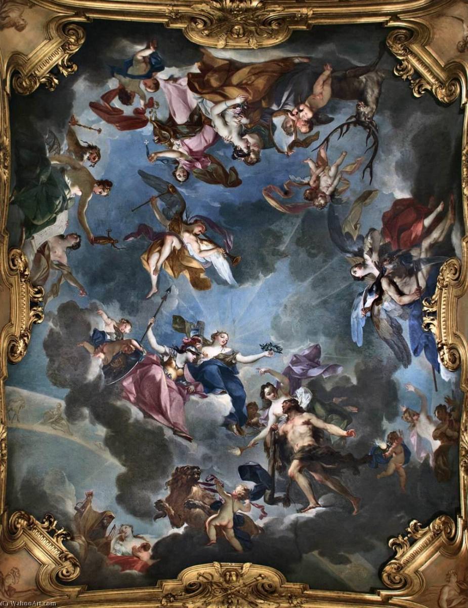 WikiOO.org - Enciklopedija dailės - Tapyba, meno kuriniai Claudio Francesco Beaumont - Hercules as Virtue and Competence being Crowned by Justitia