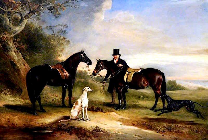 WikiOO.org - Енциклопедия за изящни изкуства - Живопис, Произведения на изкуството John E Ferneley I - A Groom with Two Ponies and Two Greyhounds in a Landscape