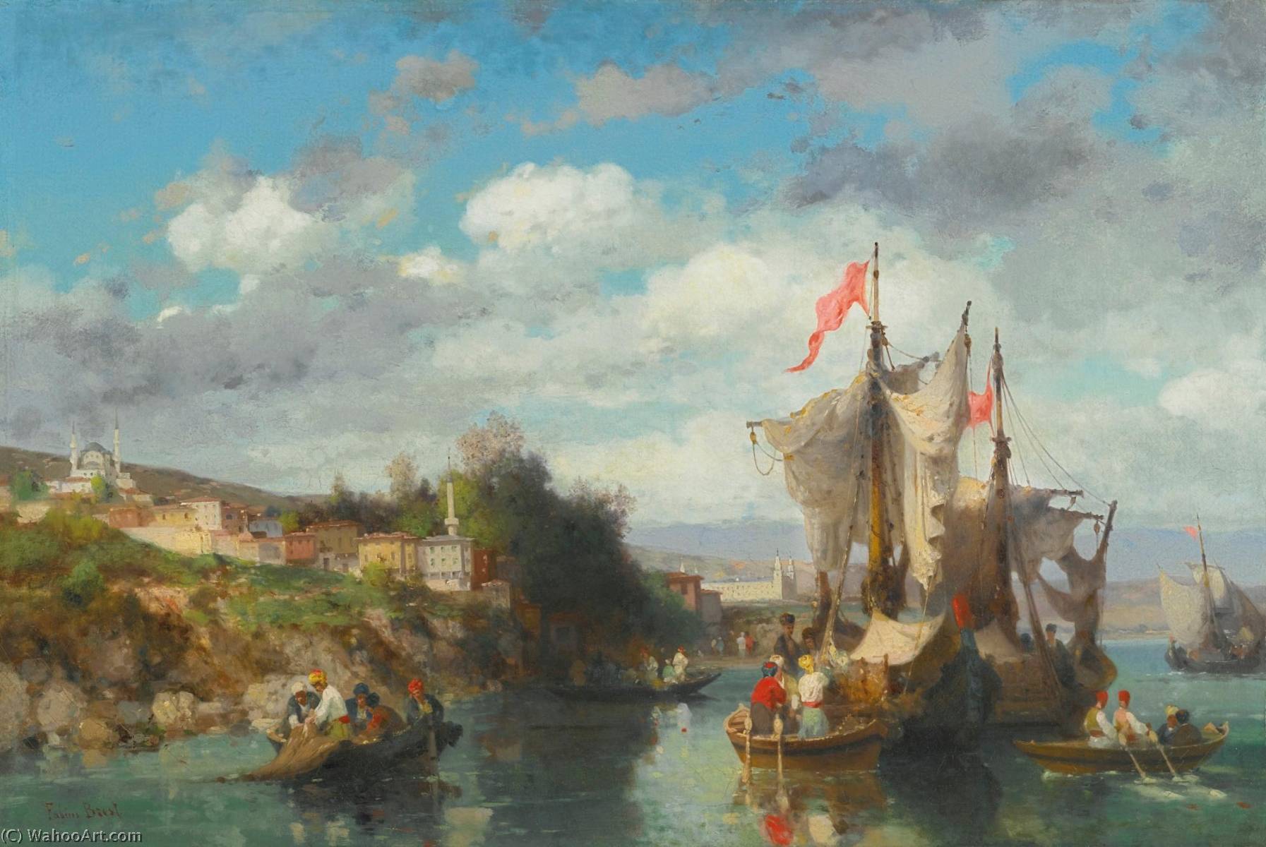 Wikioo.org - The Encyclopedia of Fine Arts - Painting, Artwork by Germain Fabius Brest - Fishermen on the Bosphorus near Scutari, with the Selimiye Barracks beyond