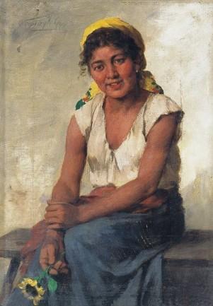 WikiOO.org - Encyclopedia of Fine Arts - Schilderen, Artwork György Vastagh - Girl with Sunflower