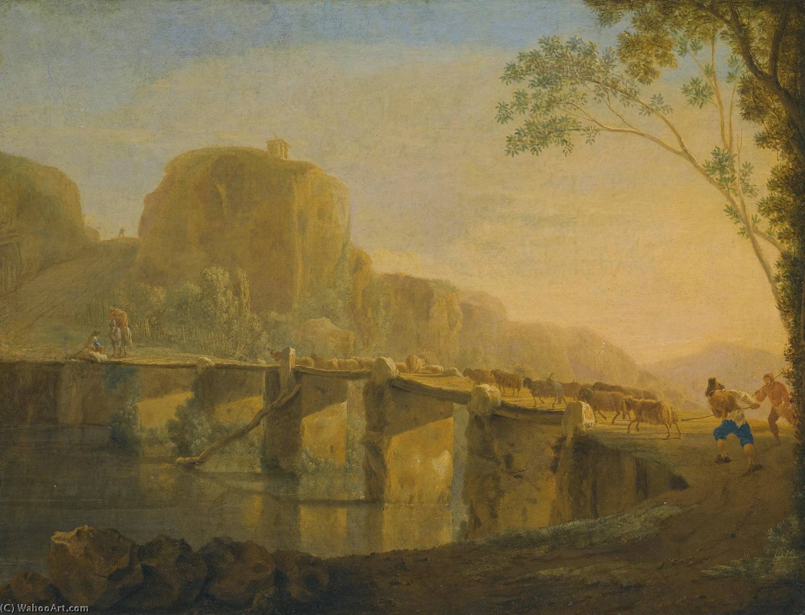 WikiOO.org - Encyclopedia of Fine Arts - Maleri, Artwork Jan Asselijn - Landscape with shepherds and their flock crossing the Ponte Acquoria near Tivoli