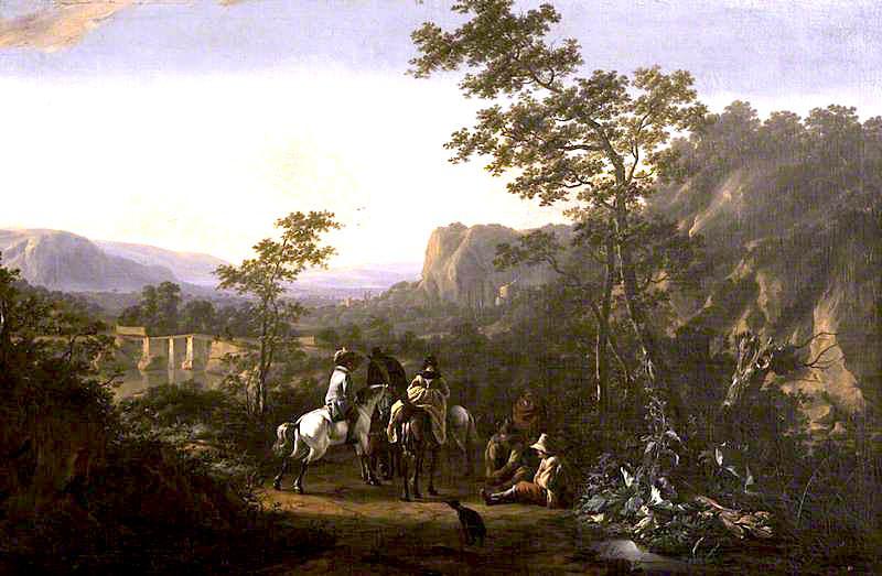 Wikioo.org - The Encyclopedia of Fine Arts - Painting, Artwork by Jan Asselijn - Italian Landscape with Two Horsemen and Figures on a Road