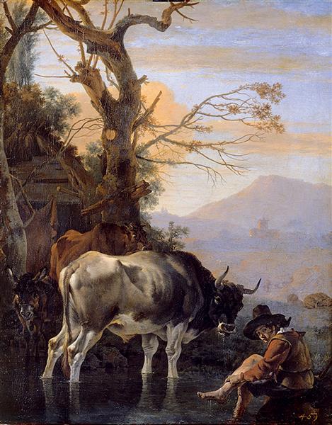Wikioo.org - The Encyclopedia of Fine Arts - Painting, Artwork by Jan Asselijn - Landscape with a Cowherd