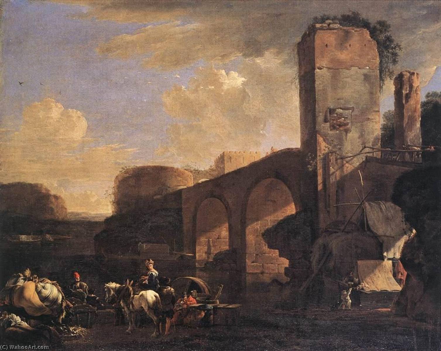 Wikioo.org - สารานุกรมวิจิตรศิลป์ - จิตรกรรม Jan Asselijn - Italianate Landscape with a River and an Arched Bridge