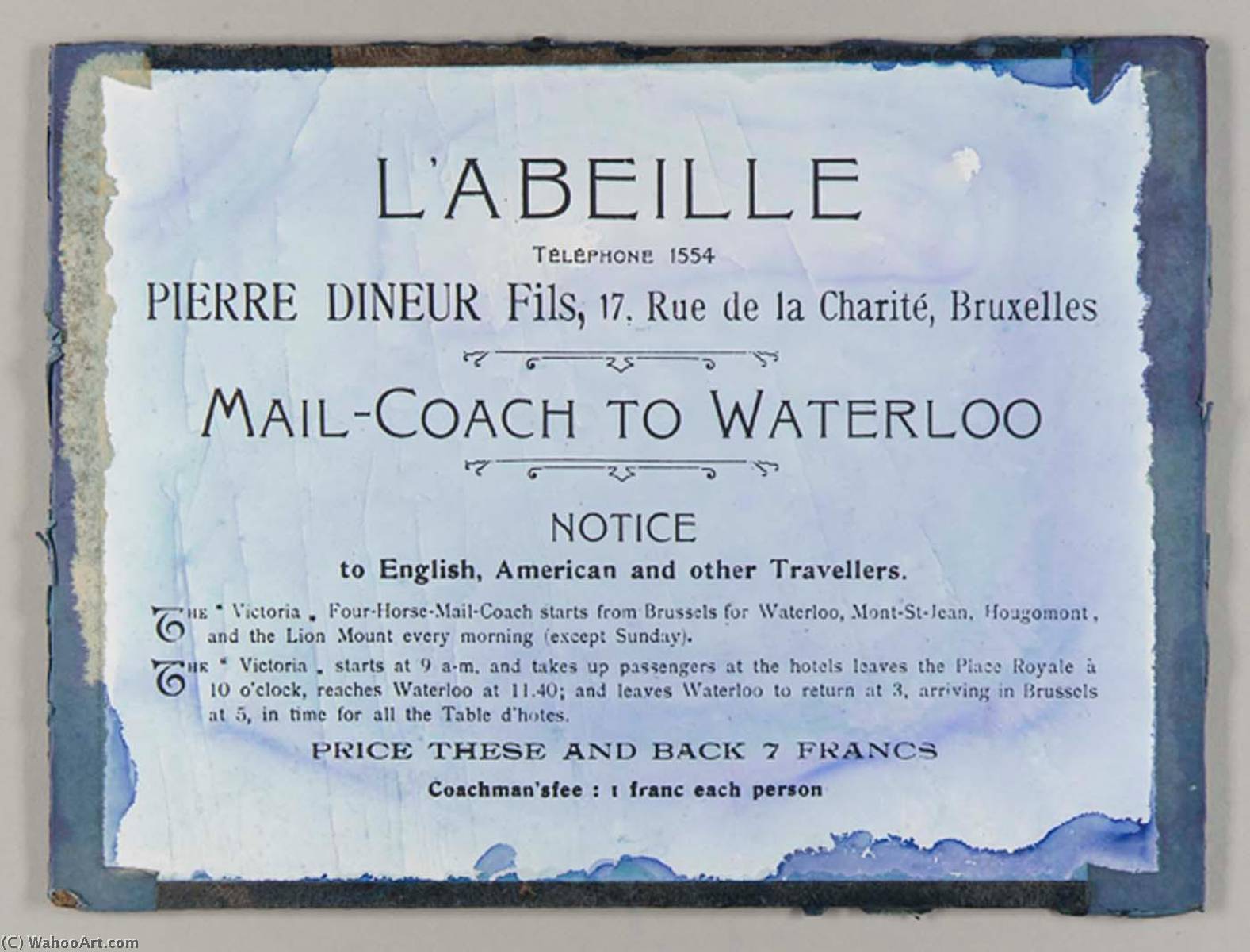 Wikioo.org - The Encyclopedia of Fine Arts - Painting, Artwork by Joseph Cornell - Untitled (ad for the L'Abeille mail coach to Waterloo)