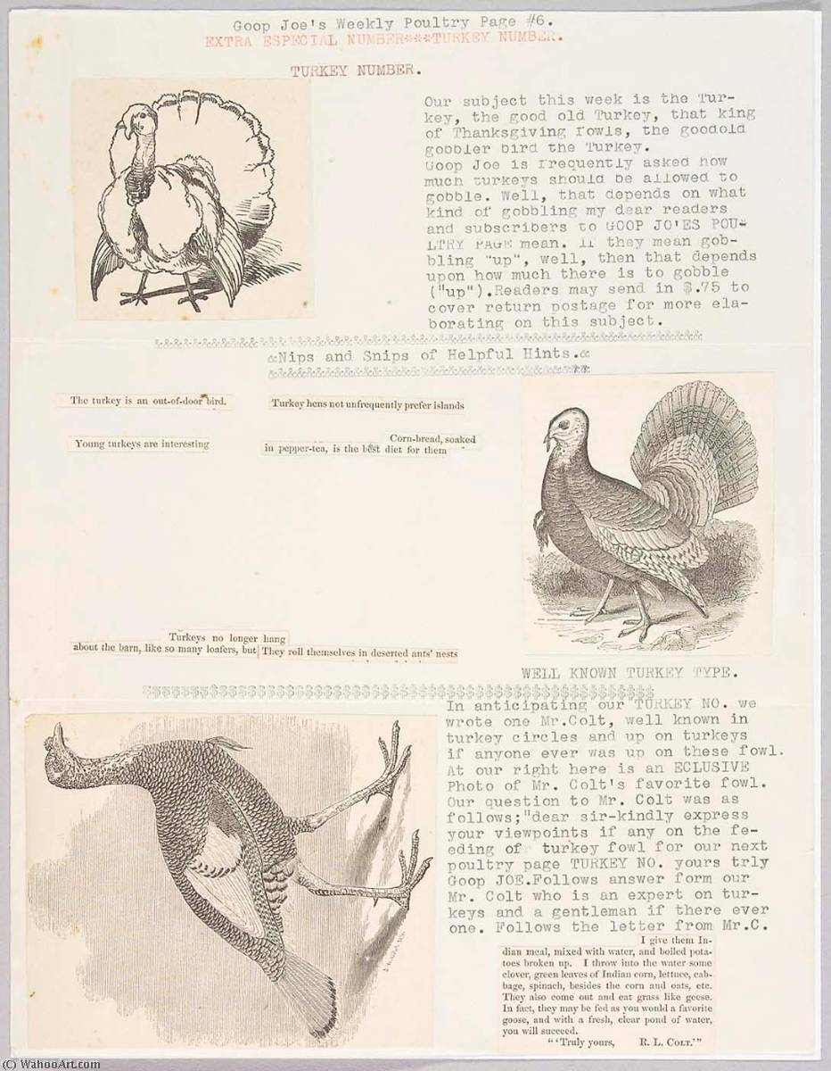 WikiOO.org - Güzel Sanatlar Ansiklopedisi - Resim, Resimler Joseph Cornell - Goop Joe's Weekly Poultry Page 6. Extra Especial Number Turkey Number. Turkey Number