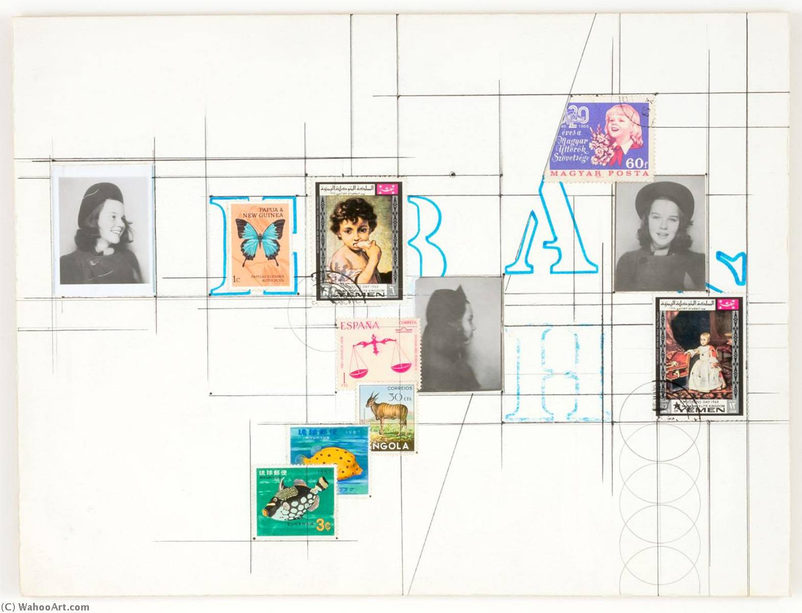 WikiOO.org - 백과 사전 - 회화, 삽화 Joseph Cornell - Untitled (Leila Hadley in Hat, Stamps)