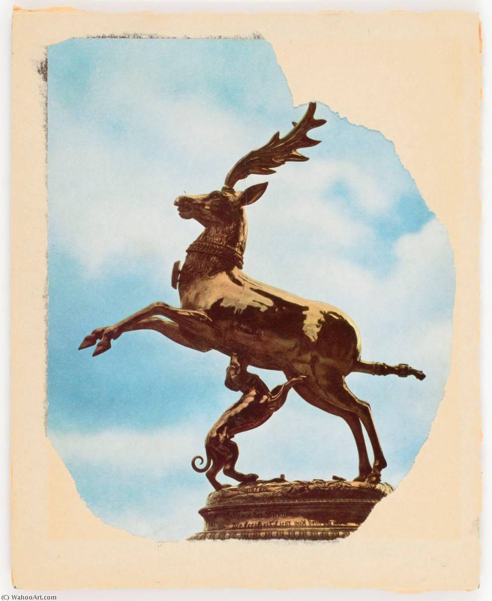 Wikioo.org - The Encyclopedia of Fine Arts - Painting, Artwork by Joseph Cornell - Untitled (statue of small hound biting belly of leaping stag)