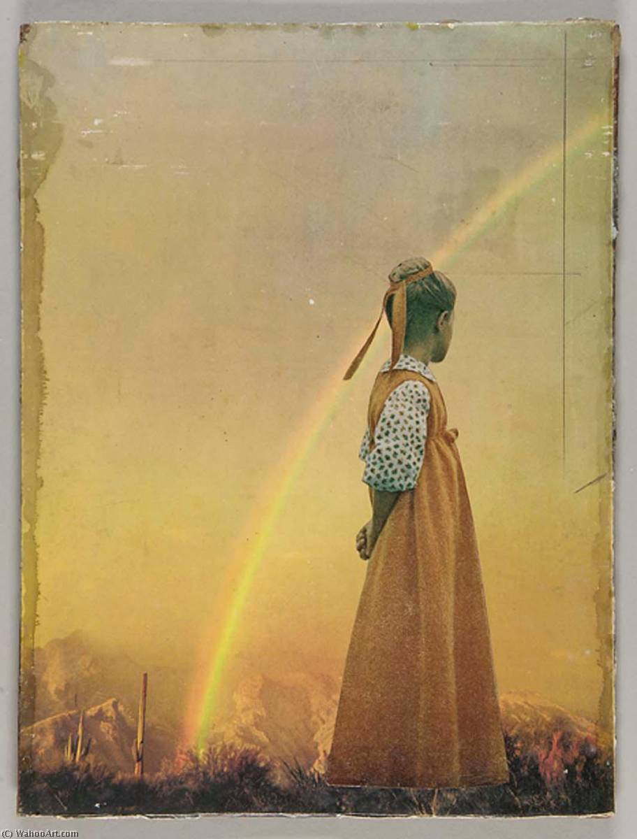 Wikioo.org - The Encyclopedia of Fine Arts - Painting, Artwork by Joseph Cornell - Untitled (desert landscape with mountains in background and large rainbow)