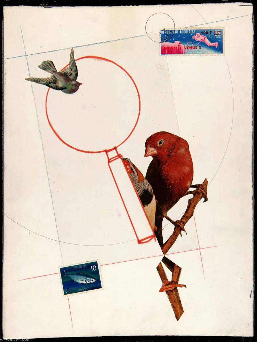 Wikioo.org - The Encyclopedia of Fine Arts - Painting, Artwork by Joseph Cornell - Untitled (red bird on branch)