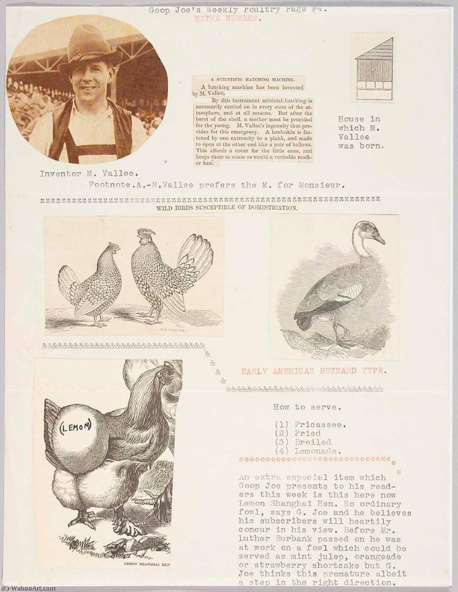 Wikioo.org - The Encyclopedia of Fine Arts - Painting, Artwork by Joseph Cornell - Goop Joe's Weekly Poultry Page. 4. Extra Number