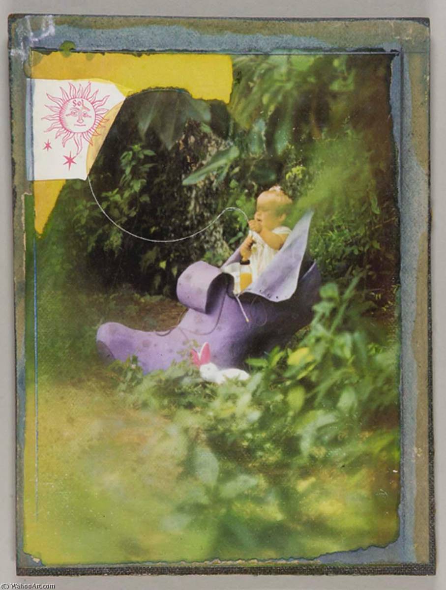 Wikioo.org - The Encyclopedia of Fine Arts - Painting, Artwork by Joseph Cornell - Untitled (baby in purple shoe in garden setting)