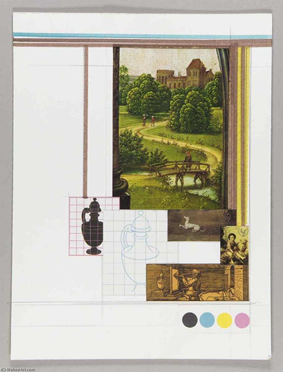 Wikioo.org - The Encyclopedia of Fine Arts - Painting, Artwork by Joseph Cornell - Mathematics and Art (Northern Renaissance landscape, man walking over bridge)