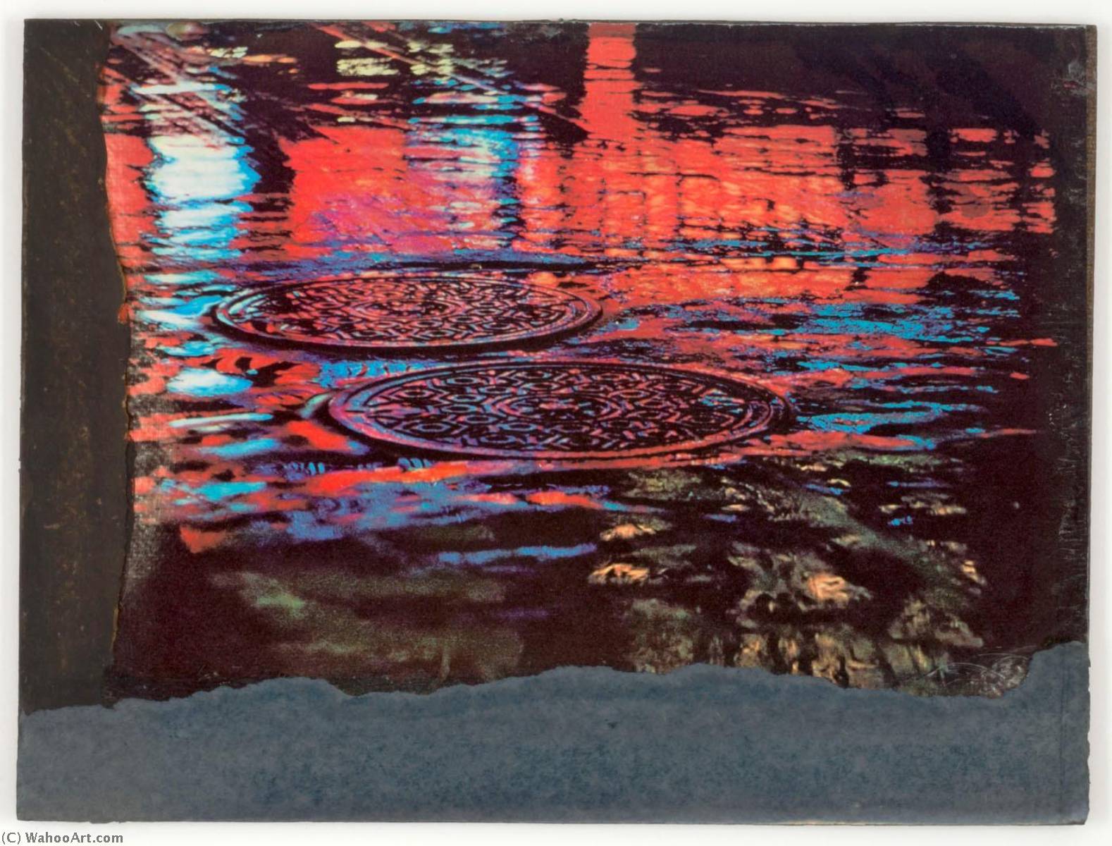 Wikioo.org - The Encyclopedia of Fine Arts - Painting, Artwork by Joseph Cornell - Untitled (red and blue reflections on sewer covers in wet street)