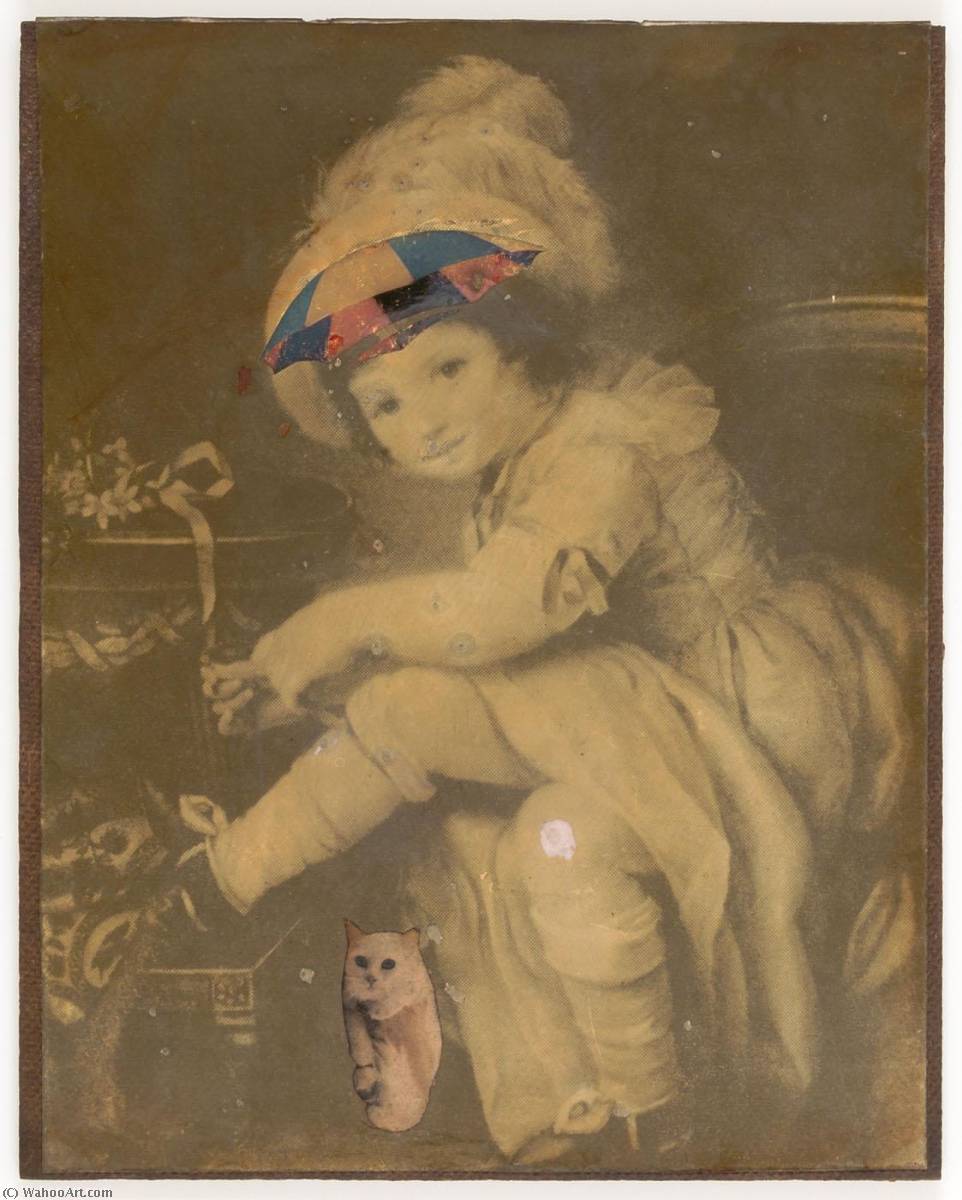 Wikioo.org - The Encyclopedia of Fine Arts - Painting, Artwork by Joseph Cornell - Untitled (Child with Umbrella Top on Forehead, White Cat)