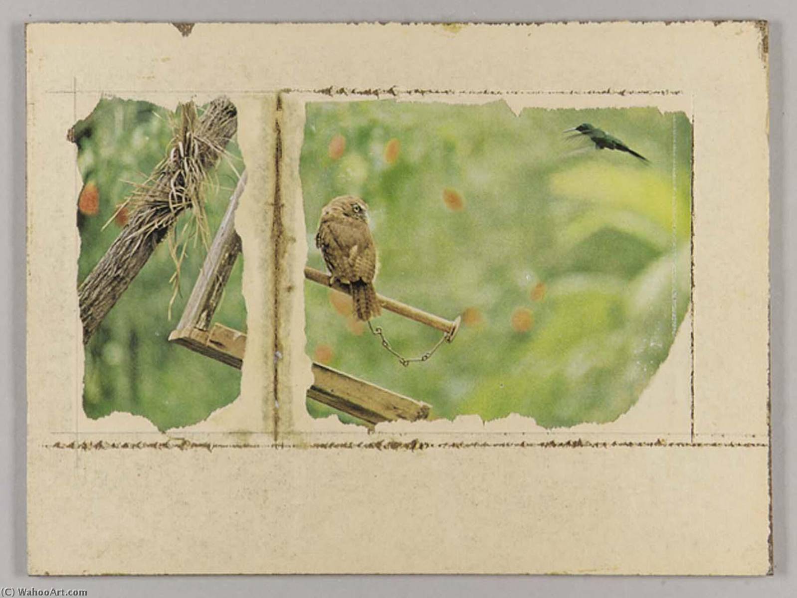 Wikioo.org - The Encyclopedia of Fine Arts - Painting, Artwork by Joseph Cornell - Untitled (owl on broken birdfeeder)