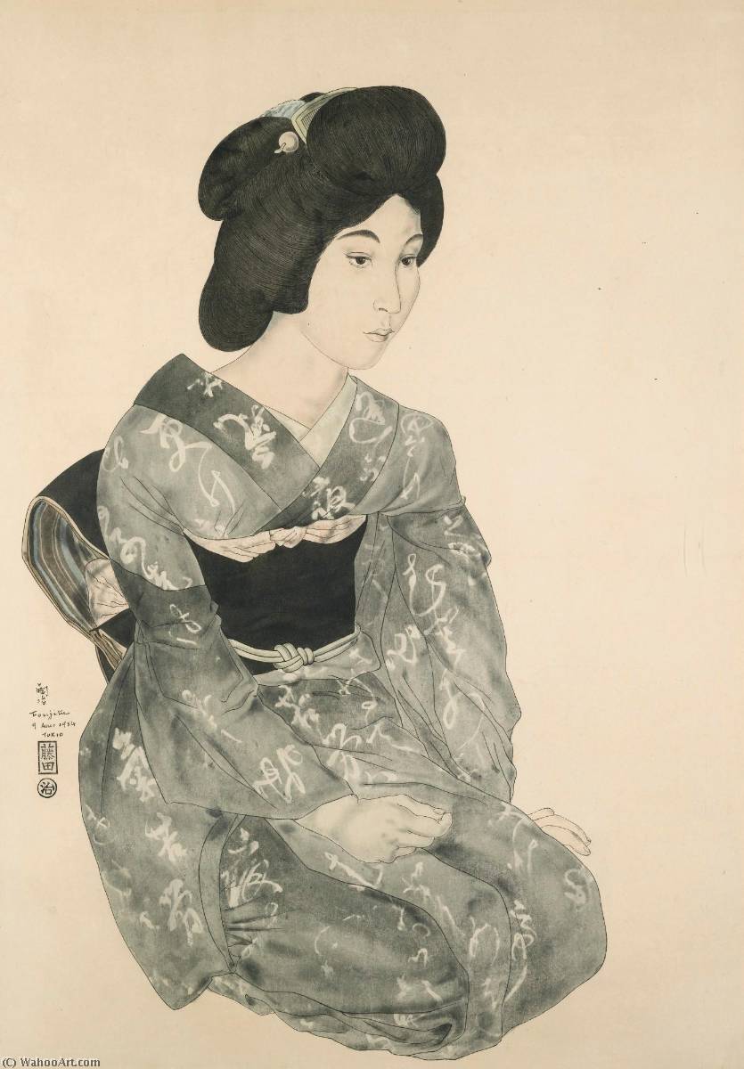 Wikioo.org – L'Enciclopedia delle Belle Arti - Pittura, Opere di Léonard Tsugouharu Foujita - Jeune femme japonaise it chimono