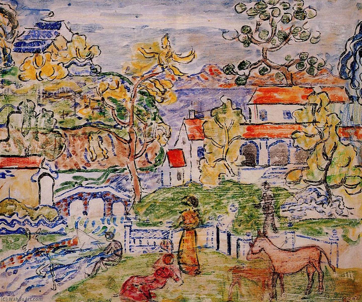 Wikioo.org - The Encyclopedia of Fine Arts - Painting, Artwork by Maurice Brazil Prendergast - Figures and Donkeys (also known as Fantasy with Horse)
