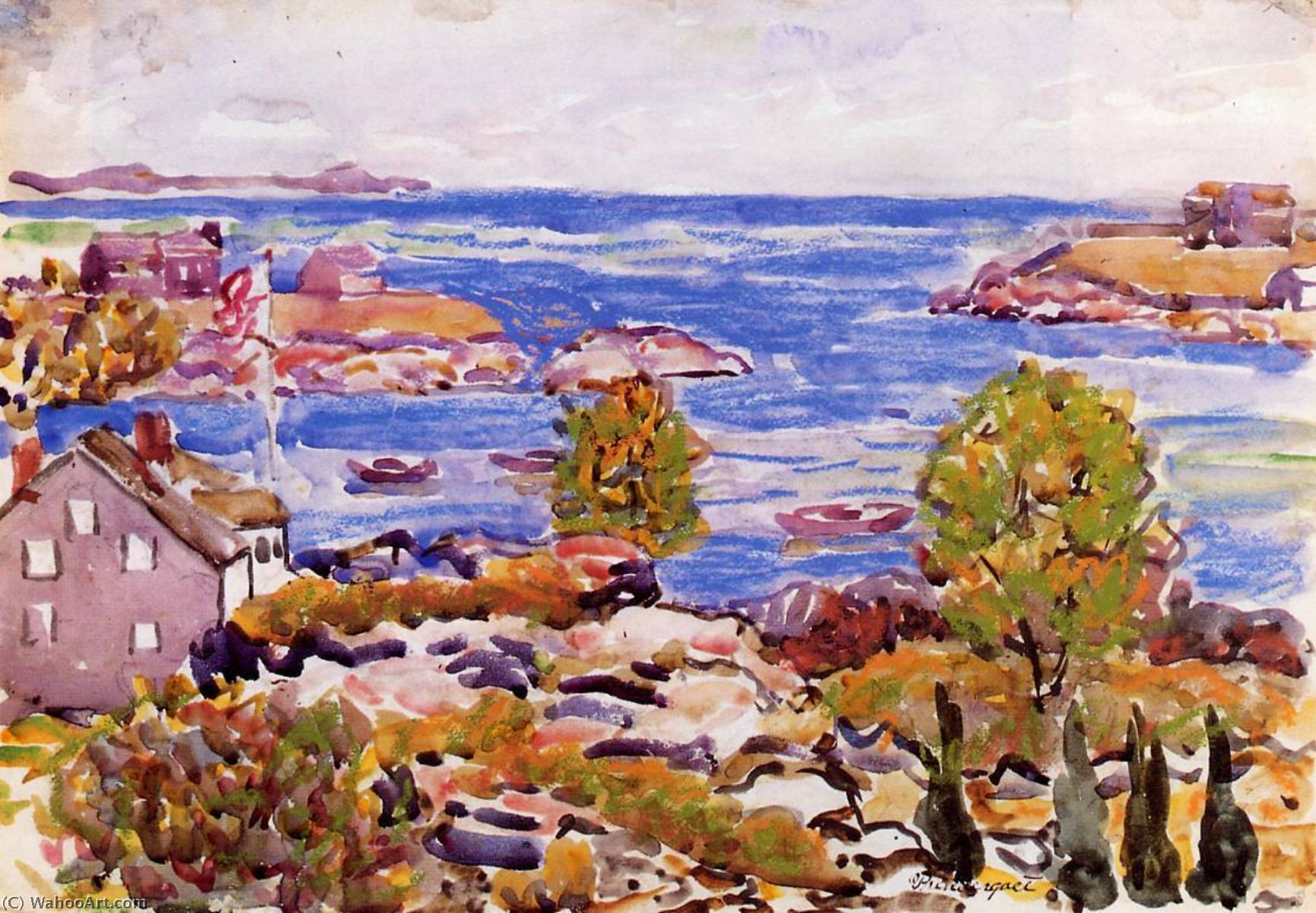 WikiOO.org - Encyclopedia of Fine Arts - Målning, konstverk Maurice Brazil Prendergast - House with Flag in the Cove