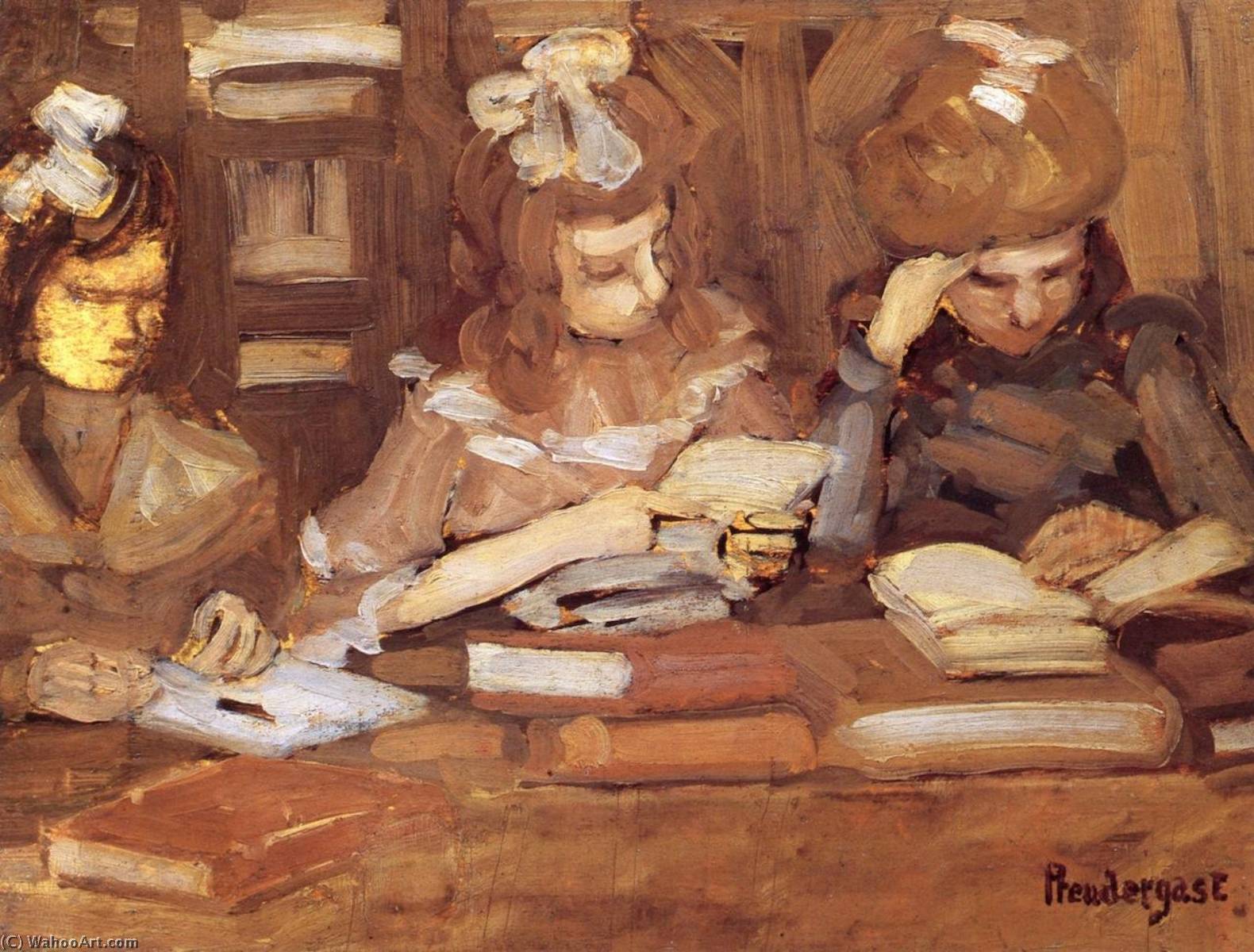 Wikioo.org - Encyklopedia Sztuk Pięknych - Malarstwo, Grafika Maurice Brazil Prendergast - In the Library (also known as Three School Girls)