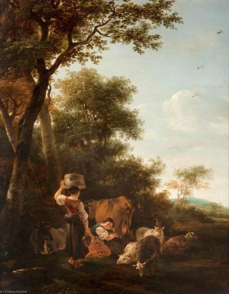 Wikioo.org - The Encyclopedia of Fine Arts - Painting, Artwork by Nicolaes Berchem - Milkmaids and Cattle by a Spinney