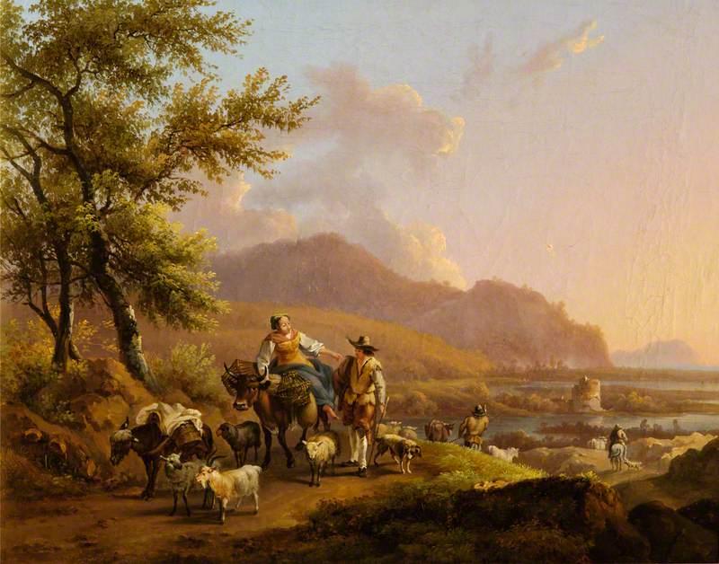 Wikioo.org - The Encyclopedia of Fine Arts - Painting, Artwork by Nicolaes Berchem - An Italianate Landscape with Herdsmen