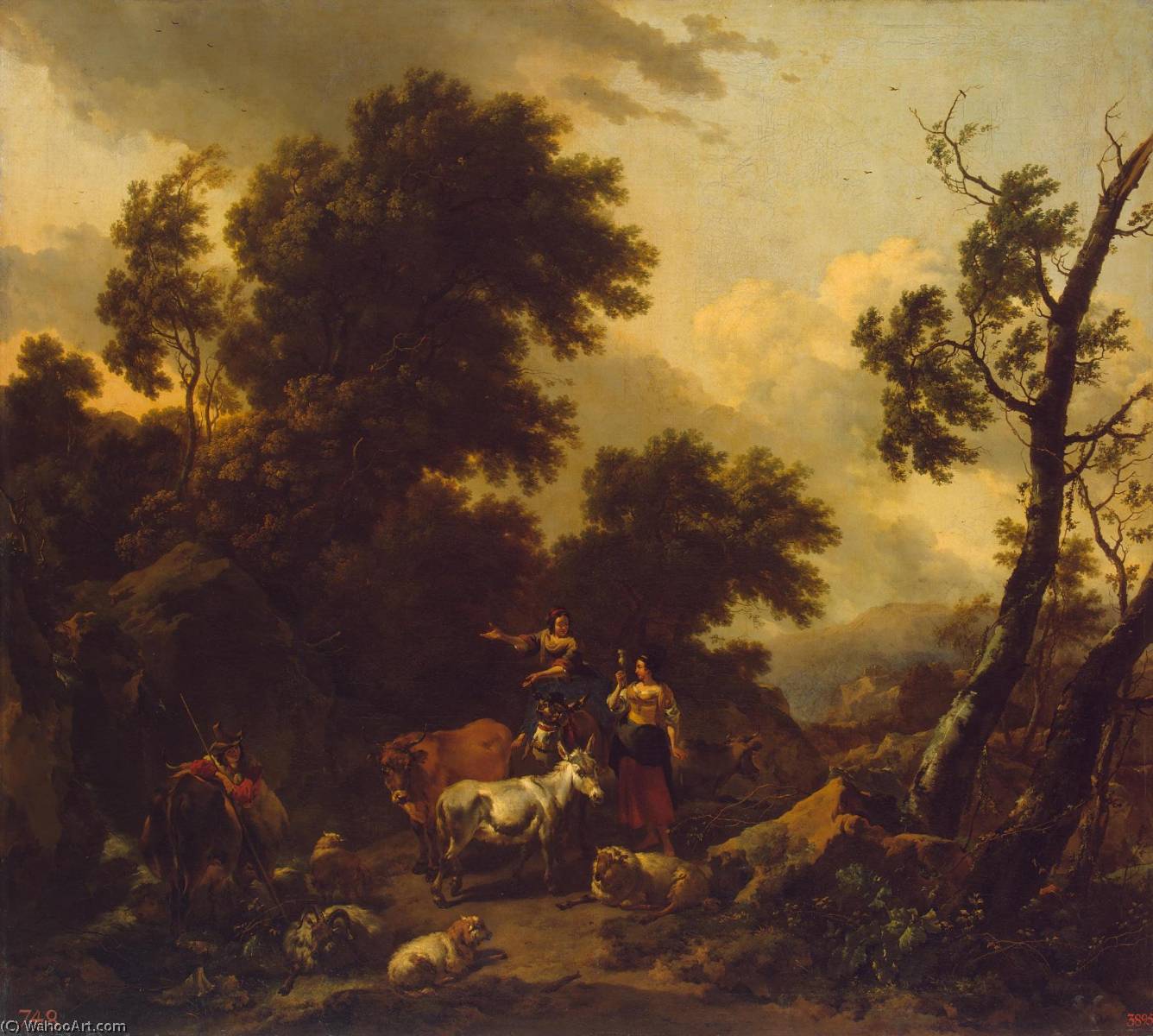Wikioo.org – L'Enciclopedia delle Belle Arti - Pittura, Opere di Nicolaes Berchem - italiano paesaggio con  due  giovani  donne  e le  Bestiame
