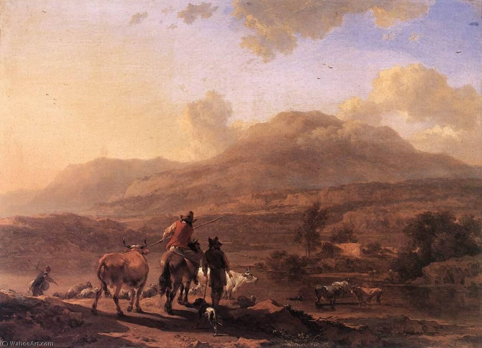 Wikioo.org - The Encyclopedia of Fine Arts - Painting, Artwork by Nicolaes Berchem - Italian Landscape at Sunset