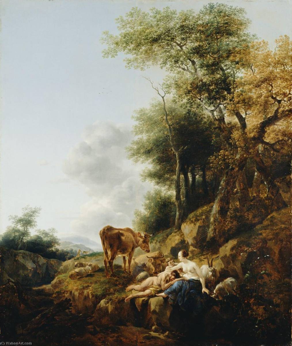 Wikioo.org - The Encyclopedia of Fine Arts - Painting, Artwork by Nicolaes Berchem - Landscape with a Nymph and Satyr