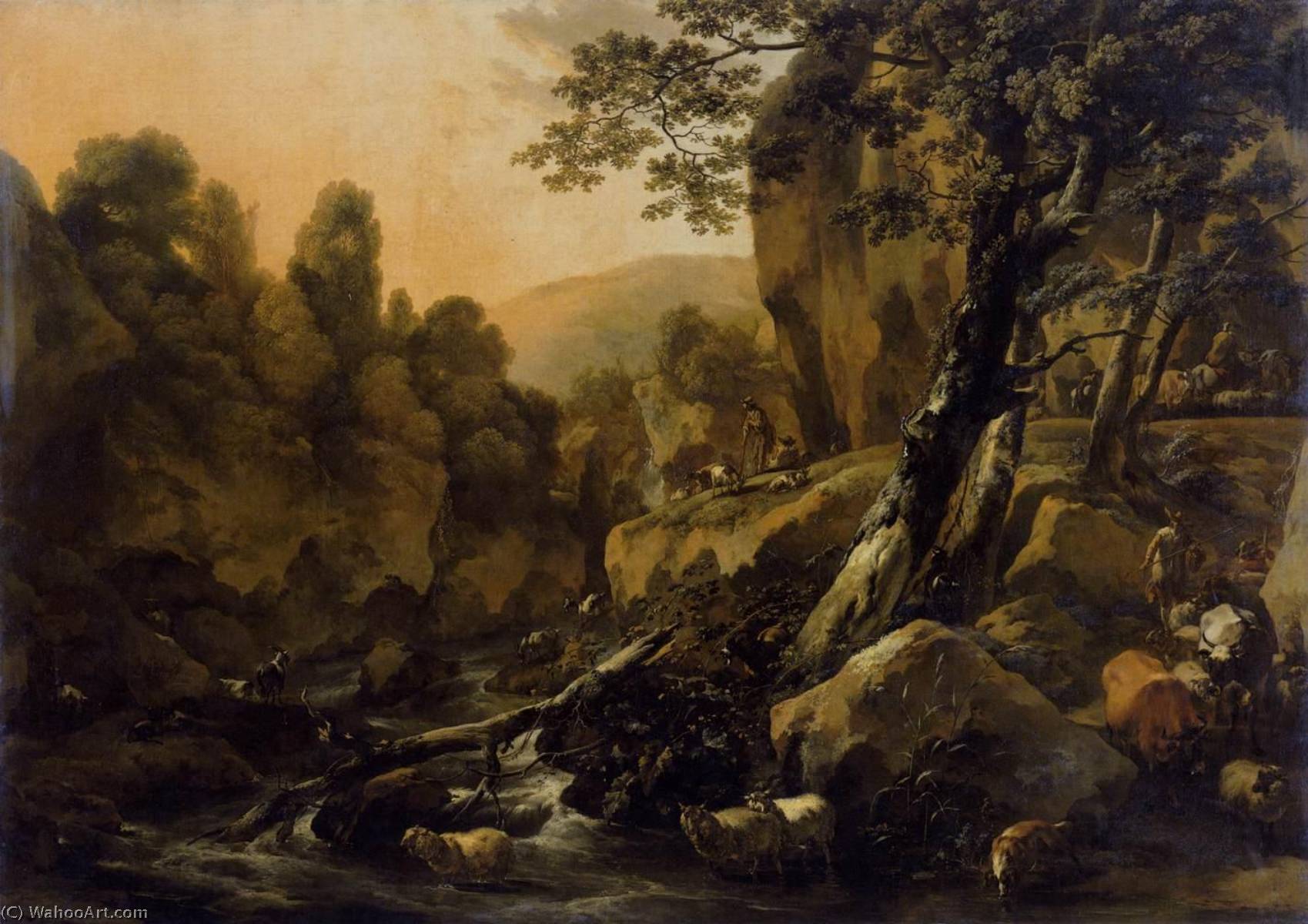 Wikioo.org - The Encyclopedia of Fine Arts - Painting, Artwork by Nicolaes Berchem - Herdsmen and Herds at a Waterfall