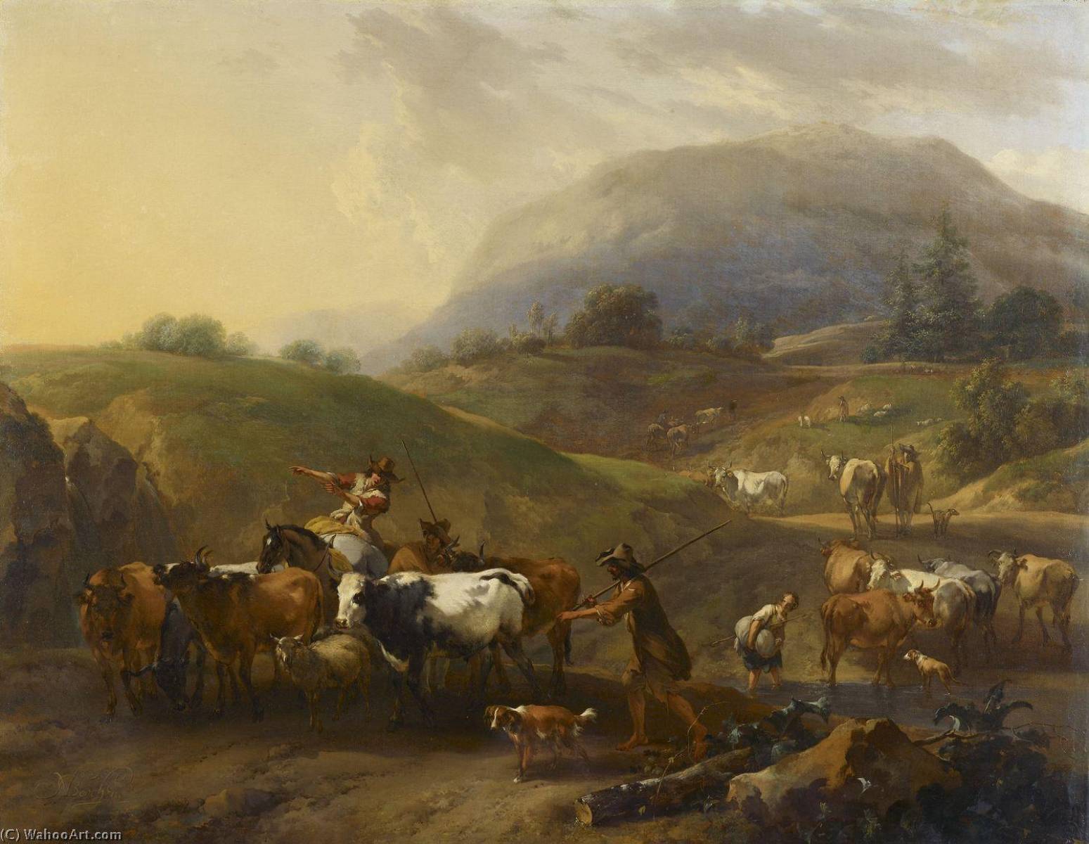 Wikioo.org - The Encyclopedia of Fine Arts - Painting, Artwork by Nicolaes Berchem - A Mountainous Landscape with Herdsmen Driving Cattle Down a Road