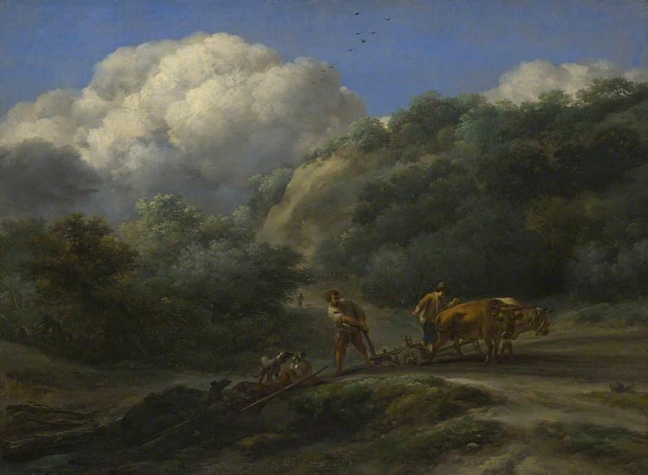 Wikioo.org - The Encyclopedia of Fine Arts - Painting, Artwork by Nicolaes Berchem - A Man and a Youth Ploughing with Oxen