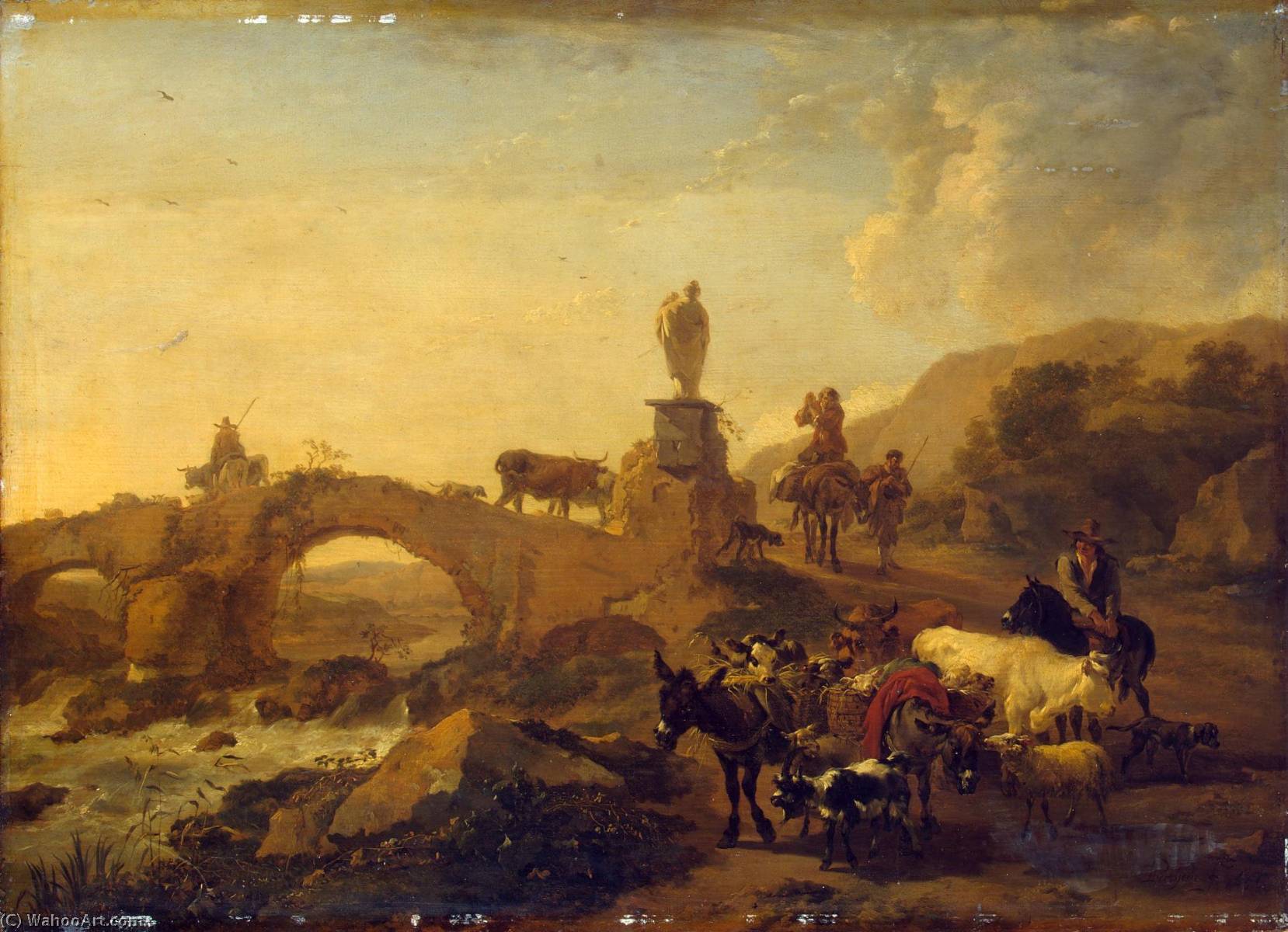 Wikioo.org - The Encyclopedia of Fine Arts - Painting, Artwork by Nicolaes Berchem - Italian Landscape with a Small Bridge