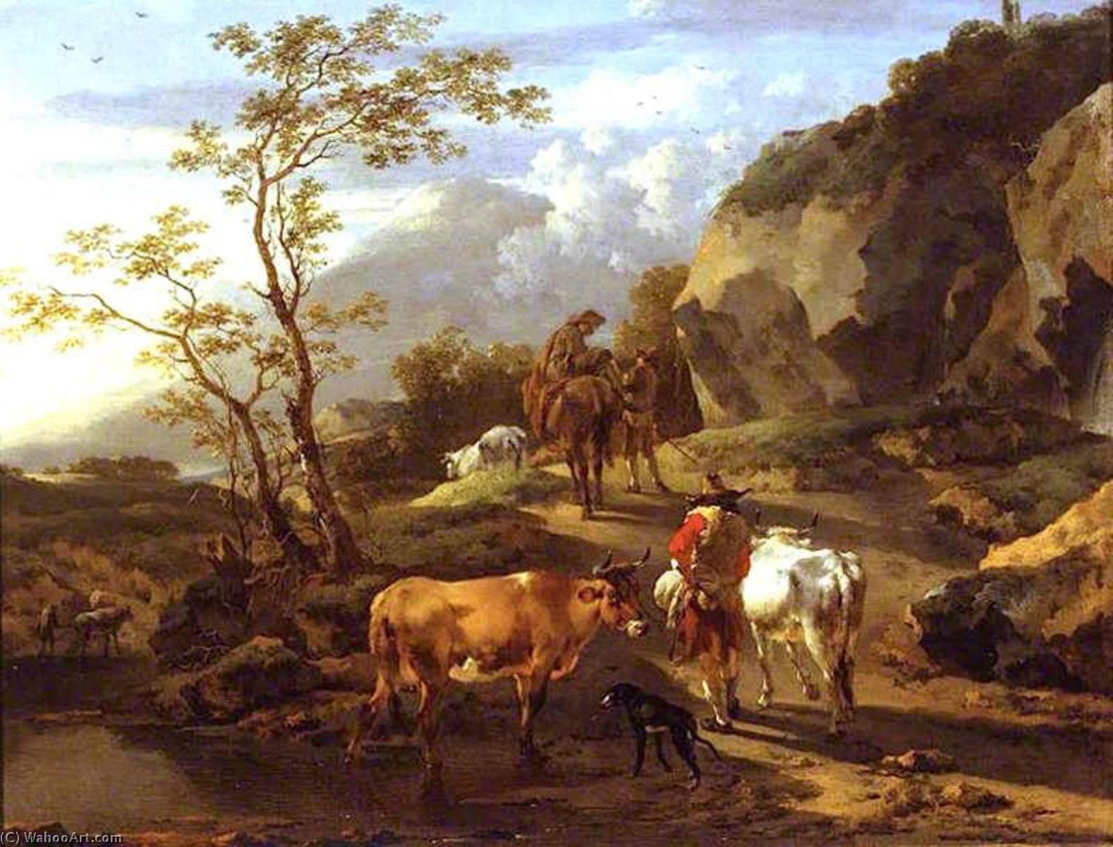Wikioo.org - The Encyclopedia of Fine Arts - Painting, Artwork by Nicolaes Berchem - Herdsfolk Retiring from a Watering Place at Eventide