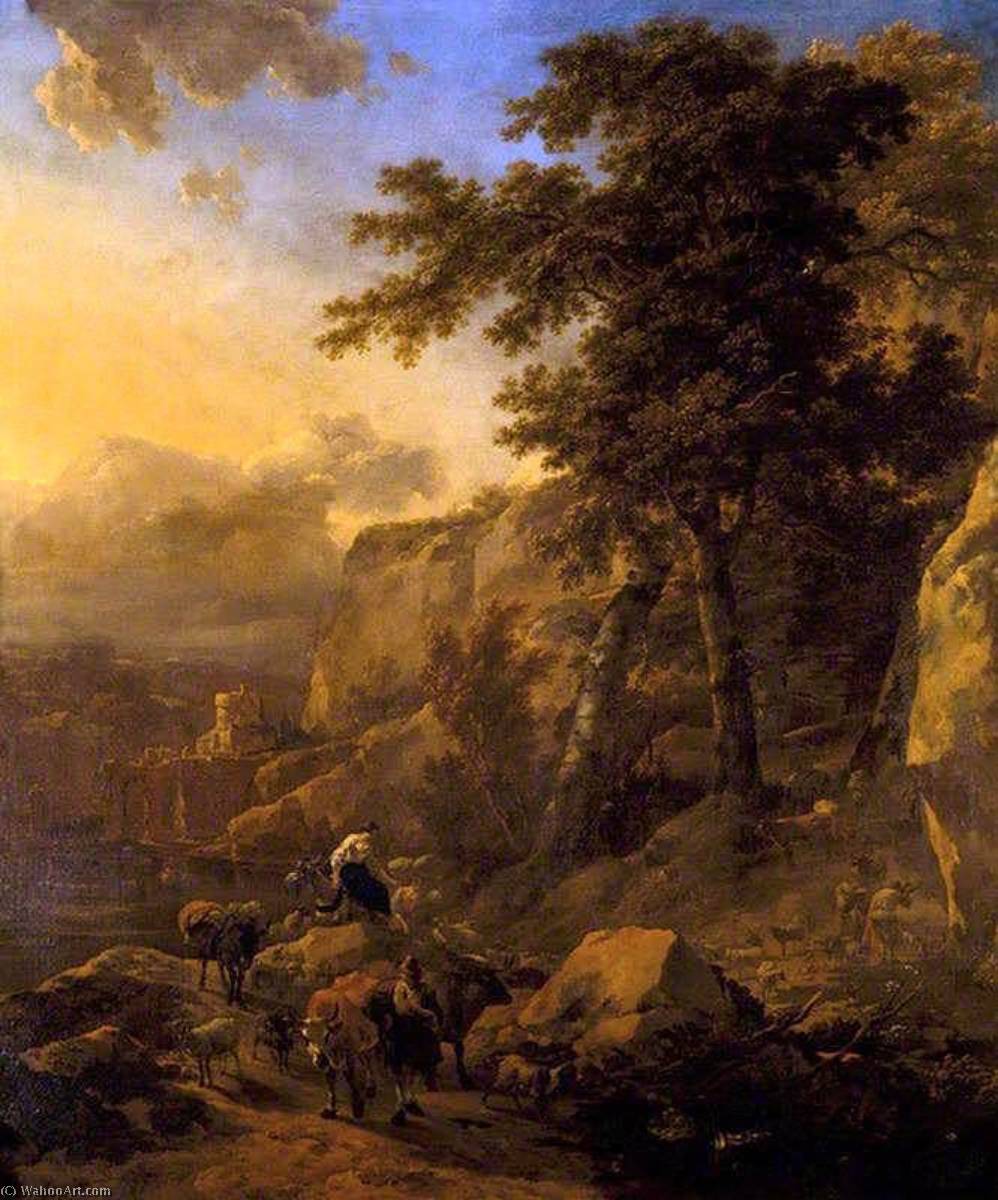 Wikioo.org - The Encyclopedia of Fine Arts - Painting, Artwork by Nicolaes Berchem - Landscape with Herdsmen