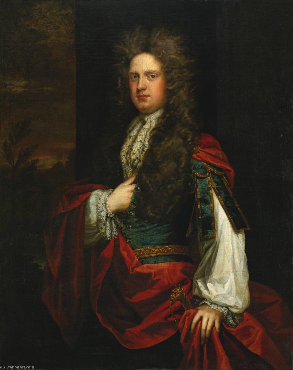 Wikioo.org - The Encyclopedia of Fine Arts - Painting, Artwork by Godfrey Kneller - Portrait of a Gentleman Dressed in Blue with a Red Mantle