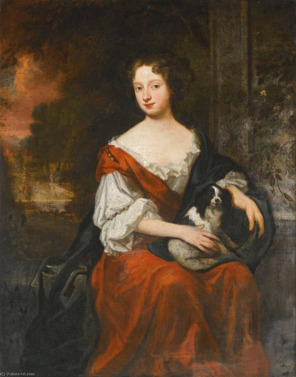 Wikioo.org - The Encyclopedia of Fine Arts - Painting, Artwork by Godfrey Kneller - Portrait of a Lady, holding a dog, said to be Lady Henrietta Wentworth (1660 1686)