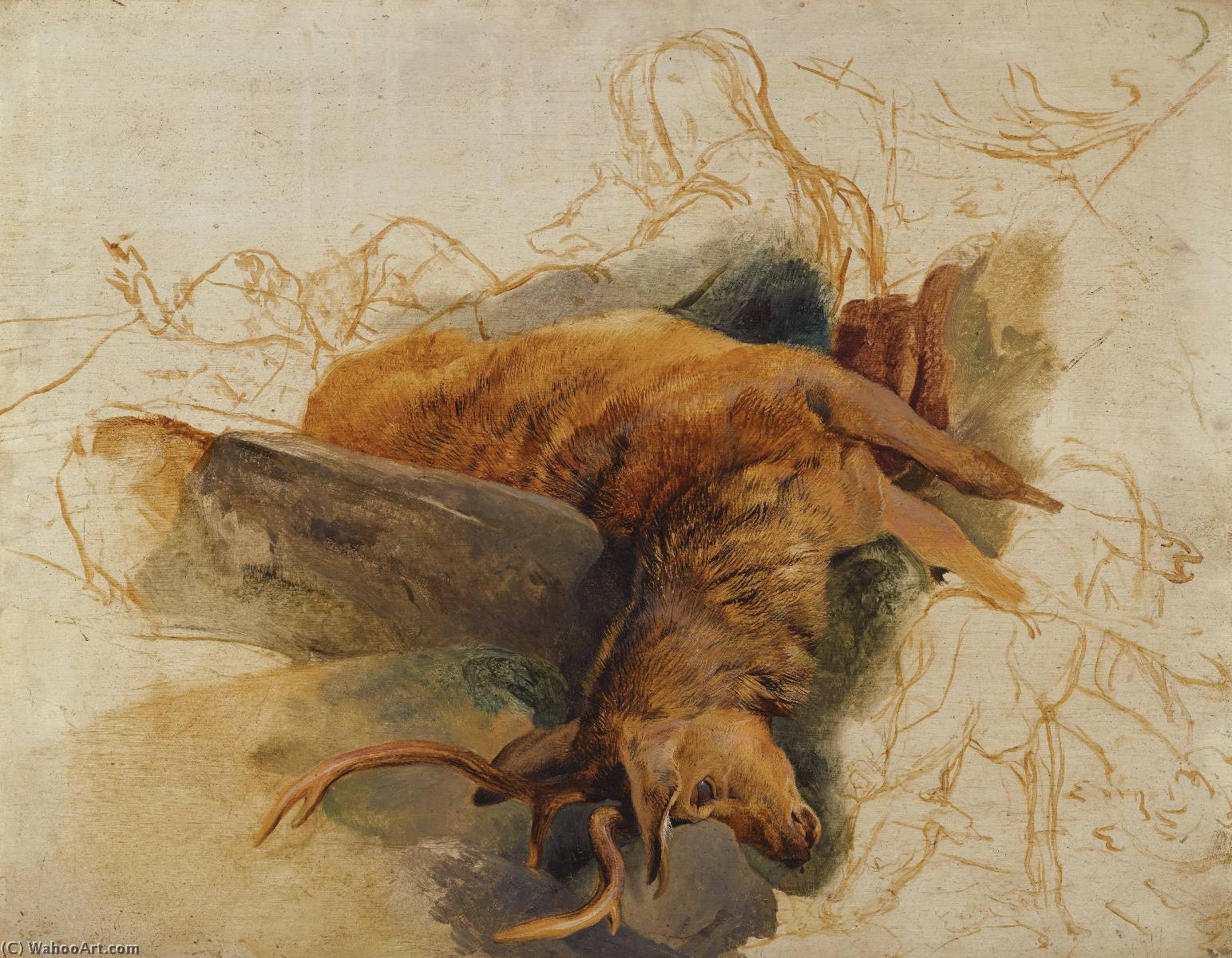 WikiOO.org – 美術百科全書 - 繪畫，作品 Edwin Henry Landseer - 一个 死 麈 , 与 草图 数字 一个 吉利 和猎犬
