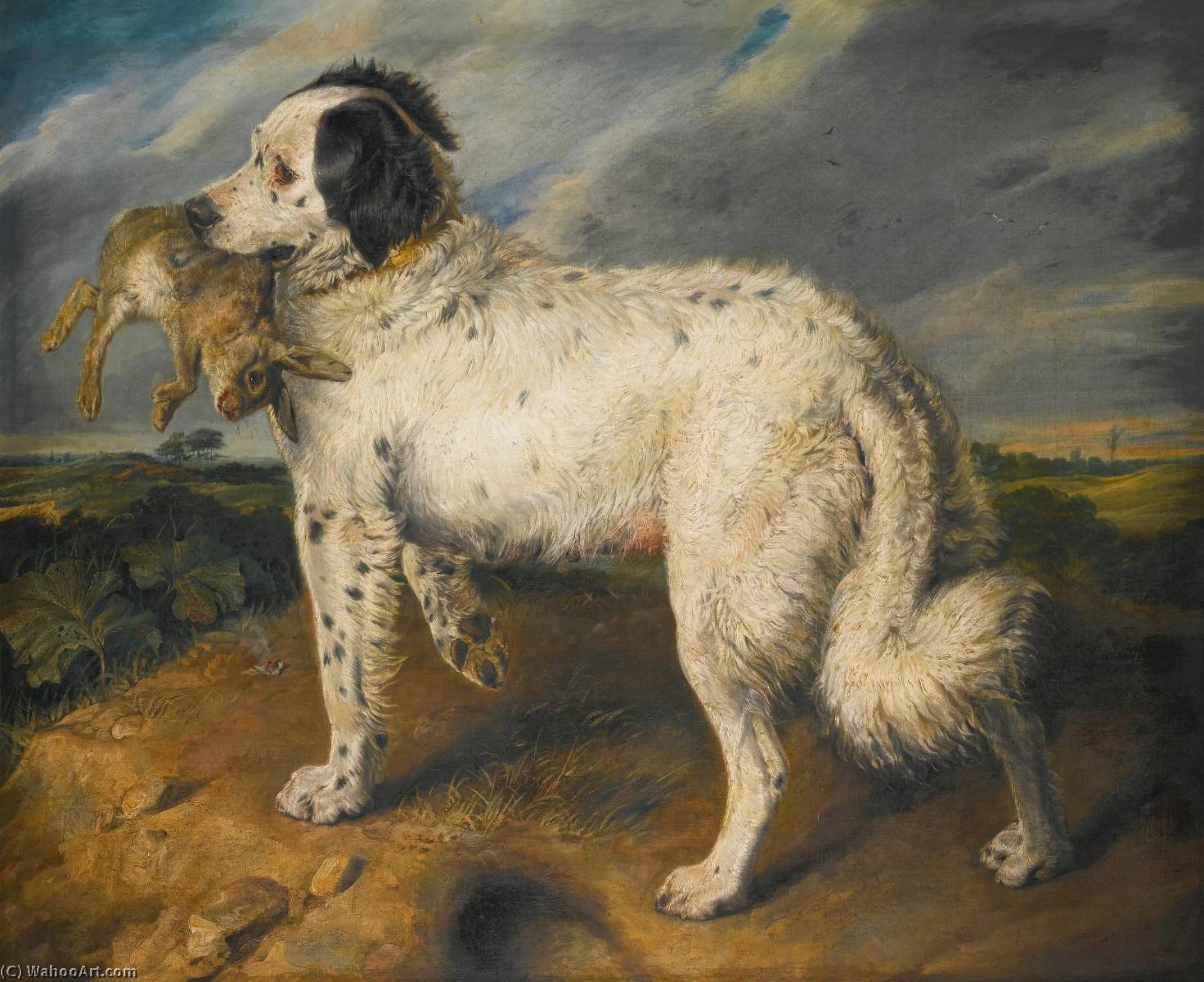 Wikioo.org - The Encyclopedia of Fine Arts - Painting, Artwork by Edwin Henry Landseer - The Champion Venus , a Landseer Newfoundland with a rabbit