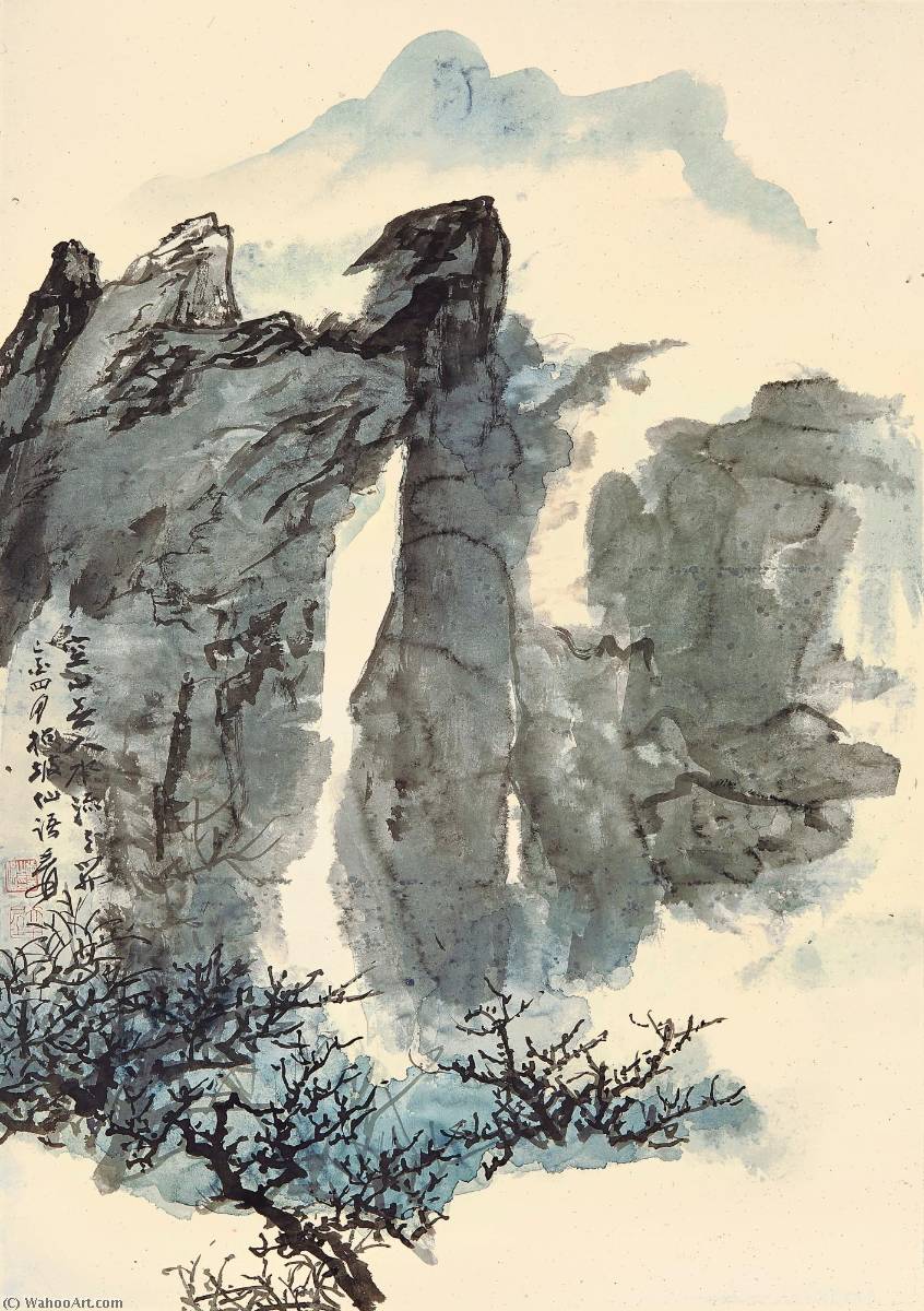 Wikoo.org - موسوعة الفنون الجميلة - اللوحة، العمل الفني Zhang Daqian - Cascade in the Ravine