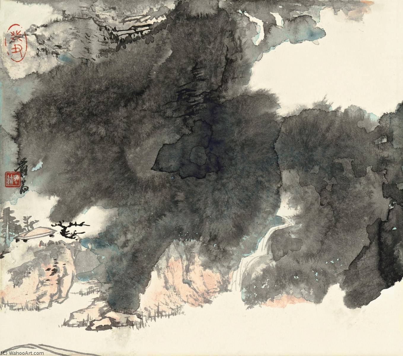 Wikoo.org - موسوعة الفنون الجميلة - اللوحة، العمل الفني Zhang Daqian - MOUNTAIN WATERFALLS